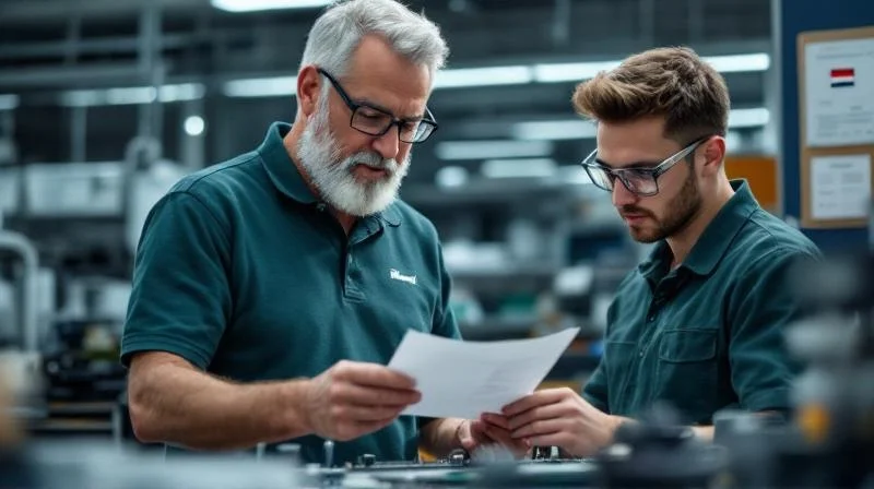 Fürther Ausbilder unterweist Auszubildenden in einem Elektronik-Fertigungsbetrieb