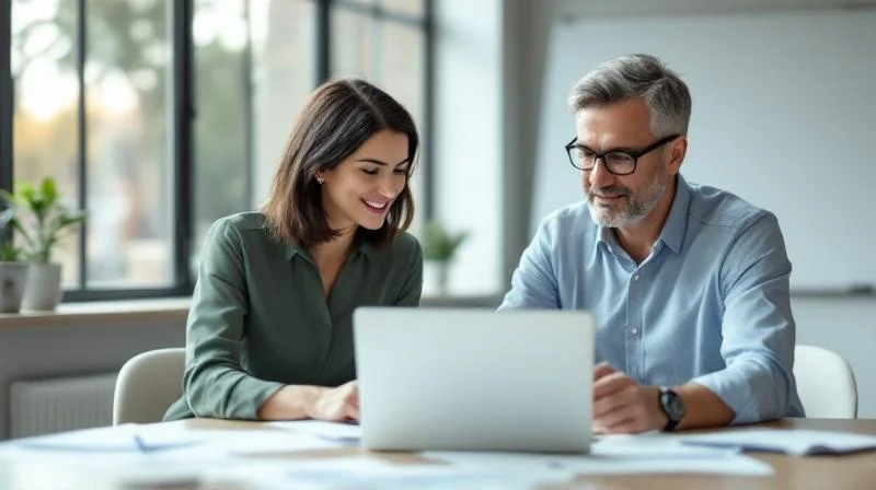 Zwei Personen im Gespräch an einem Tisch mit Unterlagen in einem modernen Büro