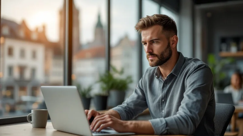 Fürther Angestellter mit Laptop am Schreibtisch, Blick auf Innenstadt