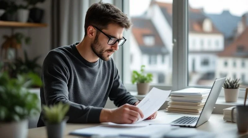 Fürther Berufstätiger ordnet Belege für die Steuererklärung am Schreibtisch