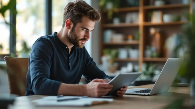 Mann arbeitet konzentriert am Laptop in einem modernen Home Office in Fürth